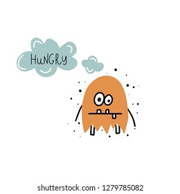 Funny hand drawn monster with lettering. Hungry character. Vector illustration for kids poster, greeting card, stickers, prints. Doodle style