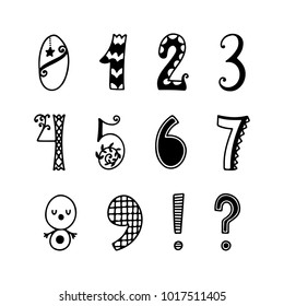 Funny hand drawn numbers. Vector decor set. Fun fairytale style with decorations.