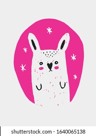 Funny Hand Drawn Nursery Vector Illustration with Cute White Little Bunny in a Pink Irregular Frame Isolated on a White Background. Lovely Infantile Style Art for Baby Boy, Card, Wall Art, Print.