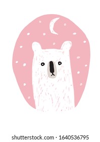 Funny Hand Drawn Nursery Vector Illustration with Cute White Polar Bear in  Light Pink Irregular Frame Isolated on a White Background. Lovely Infantile Style Art for Baby Girl, Card, Wall Art, Print.