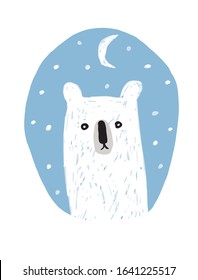 Funny Hand Drawn Nursery Vector Illustration with Cute White Polar Bear in Light Blue Irregular Frame Isolated on a White Background. Lovely Infantile Style Art for Baby Boy, Card, Wall Art, Print.