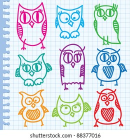 funny hand drawn owls on paper page, vector set