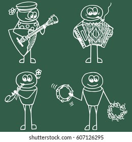 Funny hand drawn people with Russian folk instruments. Russian balalaika player. Doodle orchestra. Vector illustration on green background. Blackboard.
