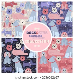 Funny hand drawn prints set with cute pink and purple blue dogs and cats. Lovely pets seamless design. Pattern with lettering - roar, meow, woof. Stylized modern creative kids style textile backdrop