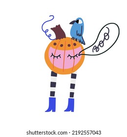 Funny hand drawn pumpkin with closed eyes, legs and with blue crown on the shoulder, standing and saying Boo. Cartoon Halloween pumpkin character in boots and striped stockings