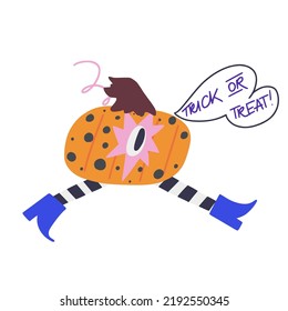Funny hand drawn pumpkin with eyes, legs and dots, walking fast and saying Trick Or Treat. Cartoon Halloween pumpkin character in witch hat, boots and striped stockings