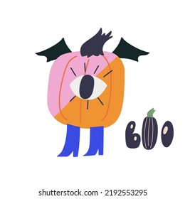 Funny hand drawn pumpkin with eyes, legs and bat wings. Hand lettering Boo inscription. Cartoon Halloween cyclops pumpkin character in boots