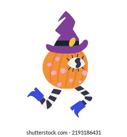 Funny hand drawn pumpkin with eyes, legs and dots, running or jumping. Cartoon Halloween pumpkin character in witch hat, boots and striped stockings
