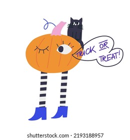 Funny hand drawn pumpkin and eyes  legs   black cat sitting the shoulder  standing  winking   saying Trick Or Treat  Cartoon Halloween pumpkin character in boots   striped stockings