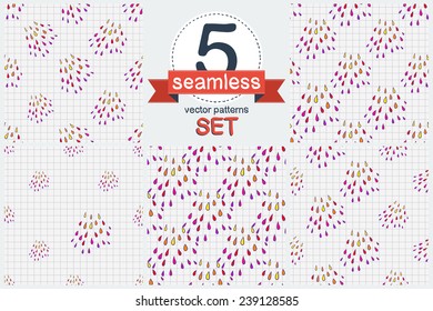 Funny hand drawn rain sketch in a notebook. Set of 5 vector seamless pattern. Chess grid order pattern.