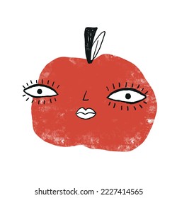 Mano divertida dibujó la manzana roja en un fondo blanco. Ilustración de vectores grunge de estilo infantil con gran Apple con cara femenina. Impresión de fruta fresca ideal para póster, arte de pared, tarjeta.