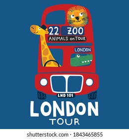 Funny Hand Drawn Red London Bus With Happy Cartoon Animals