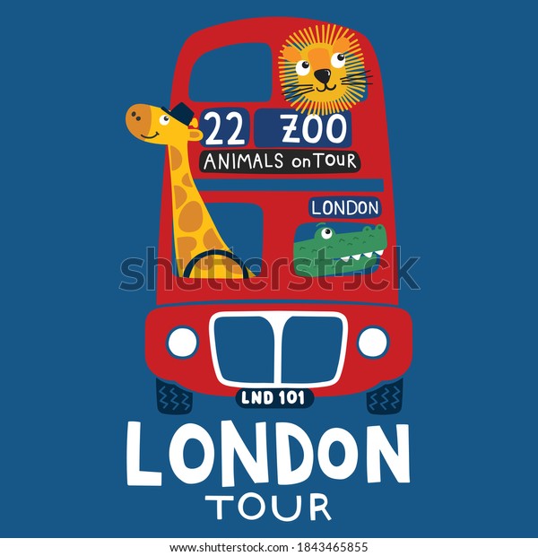 Funny Hand Drawn Red London Bus With Happy\
Cartoon Animals