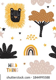 Funny Hand Drawn Safari Party Seamless Vector Pattern with Cute Lio, Cloud, Stars and Rainbow Isolated on a White Background. Simple Infantile Style Nursery Art ideal for Fabric, Textile. Wild African