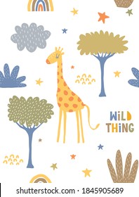 Funny Hand Drawn Safari Party Vector TSeamless Pattern with Cute Giraffe, Rainbow and Trees Isolated on a White Background. Afircan Animal. Simple Infantile Style Nursery Art ideal for Wall Art, Fabri