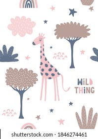 Funny Hand Drawn Safari Party Vector TSeamless Pattern with Cute Giraffe, Rainbow and Trees Isolated on a White Background. Afircan Animal. Simple Infantile Style Nursery Art ideal for Wall Art.