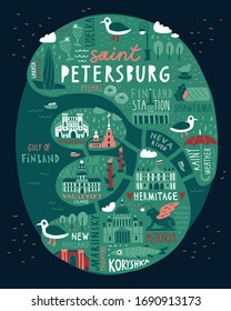 Hübsche, handgezeichnete Karte von Sankt-Petersburg. Vektorillustration Illustration verschiedener Wahrzeichen und Symbole. Russisch sehenswert. Leningrad. Hermitage. St. Isaac's Cathedral. Kunstkameraю