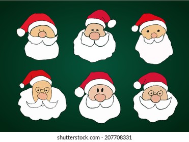 Funny Hand Drawn Santa Clauses Set on Green Background