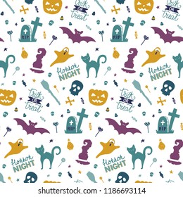 Funny Hand drawn seamless pattern for halloween with pumpkin, candy, ghost, spider, bat, witch hat, cat, skull, lettering. Vector wallpaper.