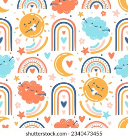 Funny Hand drawn seamless pattern with sun, rainbow, clouds. Lovely doodle background, nursery fabric or wrapping paper. Happy kind and peaceful collection of characters. Baby vector illustration