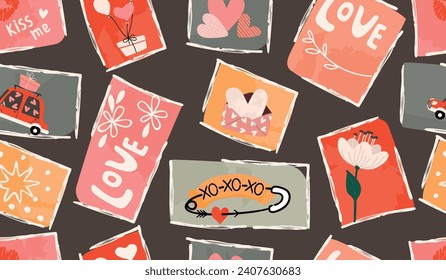 Funny hand drawn seamless pattern with hearts,gift,car,lettering Love and Kiss Me,flower,star.Colorful abstract background with grunge, rough shapes.Print on fabric and paper.Vector illustration.