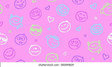 funny hand drawn seamless pattern with smiles, emoji background