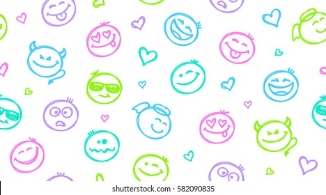 funny hand drawn seamless pattern with smiles, emoji background