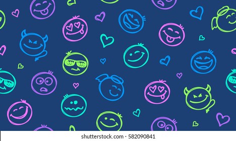 funny hand drawn seamless pattern with smiles, emoji background