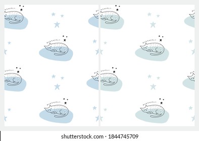 Funny Hand Drawn Seamless Vector Patterns with Cute Dreamy Cats on a White Background. White Kitty Sleeping on a Pastel Blue and Mint Pillows. Simple Infantile Style Print for Cat Lovers.