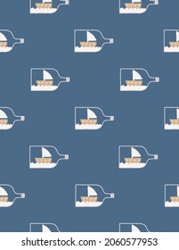 Funny Hand Drawn Seamless Vector Pattern with Sailing Ship in the Bottle on a Dark Blue Background. Marine Party Print ideal for Fabric, Textile, Wrapping Paper.