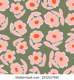 Gracioso patrón vectorial sin fisuras dibujado a mano. Flores rosadas en un fondo verde. Marco contemporáneo y moderno. Ideal para tejidos o artículos de papelería.