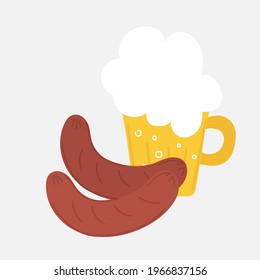 Funny hand drawn set of a beer mug and two sausages. Simple playful funny art of german national cuisine. Vector illustration