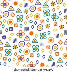 Funny hand drawn simple forms seamless pattern. Backdrop for kids textile on white. Different repeated forms - circle, triangre, square. Bright colors. Baby born print