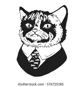 Funny hand drawn sketch illustration of grumpy boss cat in a business suit, white shirt and a tie with little fish