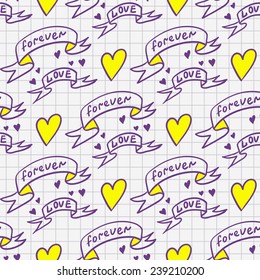 Funny hand drawn sketch in a notebook vector seamless pattern. Set of hearts, love, happiness elements. Chess grid order pattern.