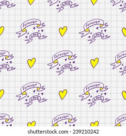 Funny hand drawn sketch in a notebook vector seamless pattern. Set of hearts, love, happiness elements. Chess grid order pattern.