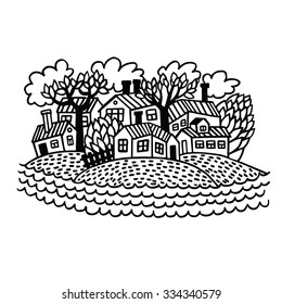 Divertido dibujo dibujado a mano de un Pequeño pueblo en la orilla del río en estilo de dibujos animados. Ilustración en blanco y negro de unas lindas casitas en Vector.