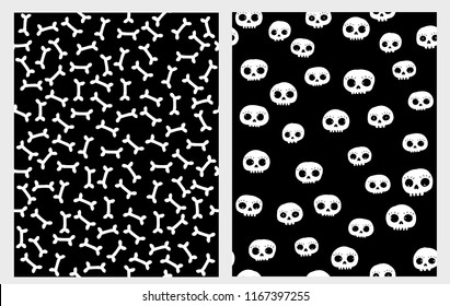 Funny Hand Drawn Skull and Bones Vector Pattern Set. Abstract Infantile Hand Drawn Halloween Vector Design. Scary Deads and White Bones Isolated on a Black Background. White Scattered Bones Pattern. 