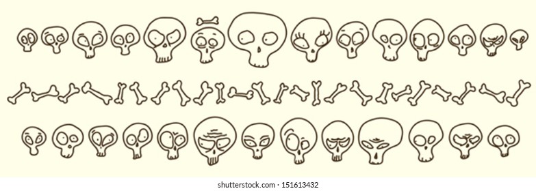 Funny hand drawn skulls showing misc emotions.