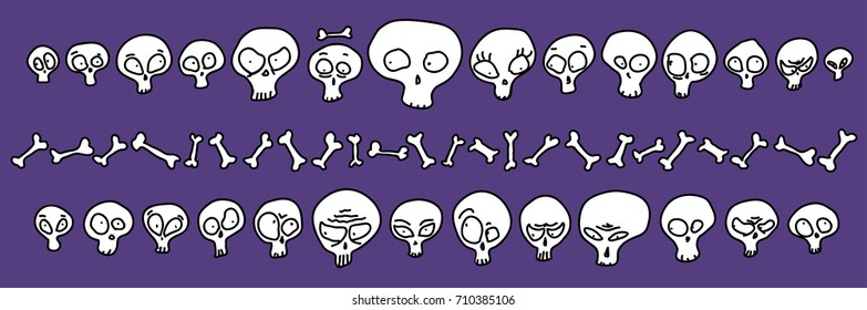 Funny hand drawn skulls showing misc emotions. Vector illustration Halloween design elements in white over purple.