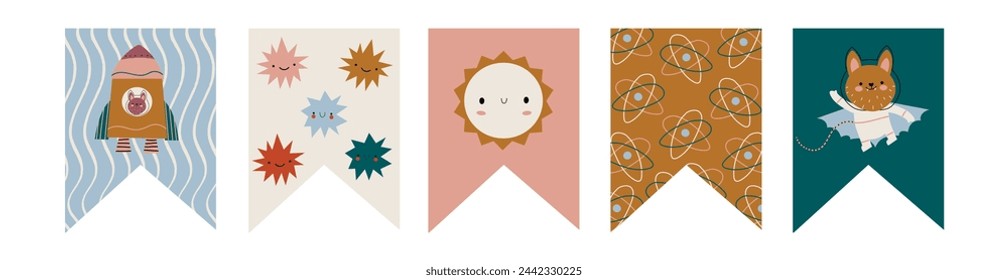 Juego de vectores de banderas de espacio dibujado a mano divertido. Mano Escrita A La Luna. Lindas ilustraciones de espacio con planetas, meteoritos, estrellas, sol, astronautas y naves espaciales.
