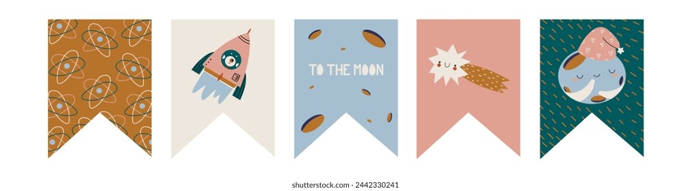 Funny Hand Drawn Space Bunting Flags Vector Set. Hand Written To The Moon. Cute Space illustrations with Planets, Meteorite, Star, Sun, Astronaut and Spaceship.
