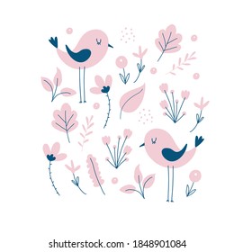 Graciosa Ilustración De Vector De Jardín De Primavera Dibujado A Mano. Impresión floral estilo Infantil con bonito pájaro rosado y flores aisladas en un fondo blanco. Resumen de diseño imprimible de jardín.