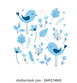 Funny Hand Drawn Spring Garden Vector Illustration. Cute Infantile Style Floral Print with Lovely Blue Little Bird and Flowers Isolated on a White Background. Abstract Garden Printable Design.
