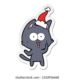 funny hand drawn sticker cartoon of a cat wearing santa hat