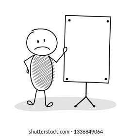 Funny hand drawn stickman with empty whiteboard. Vector