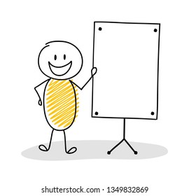 Funny hand drawn stickman with empty whiteboard. Vector