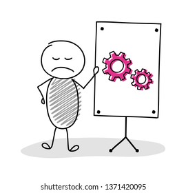 Funny hand drawn stickman with whiteboard and cog - wheel icon. Vector