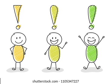Funny hand drawn stickmen with exclamation points. Vector.