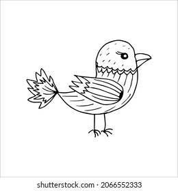 Funny hand drawn stylized bird in the doodle style. Coloring page, invitation, postcard. Black and white vector image.